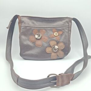 2e Vie Recycled Leather Floral Crossbody Bag Brown Boho